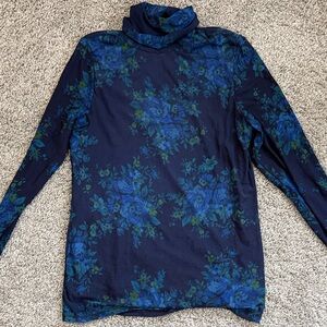 Elie Tahari Navy and Teal Floral Turtleneck Blouse